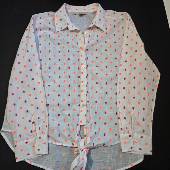 Ann Taylor Loft Polka Dot Tie Front White w Violet Coral - Sz L - Picture 7 of 12